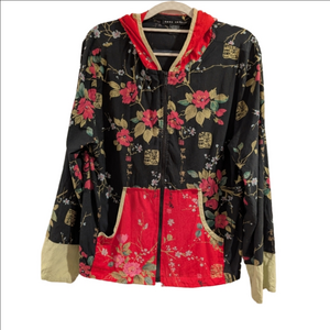 Anne Carson Red and Black Floral 100%Silk Jacket With Kangaroo Pocket Size Large